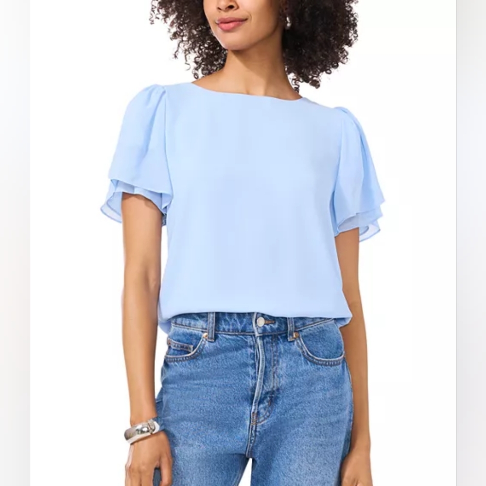 VINCE CAMUTO Flutter Sleeve Blouse SKY BLUE ,Large.